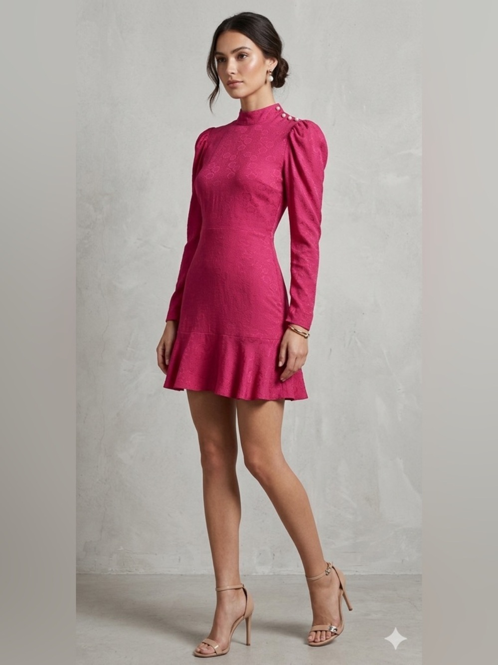 Rahi Sophie Pink Jacquard Mini Dress Puff Sleeve Mock Neck Ruffle Hem SMALL